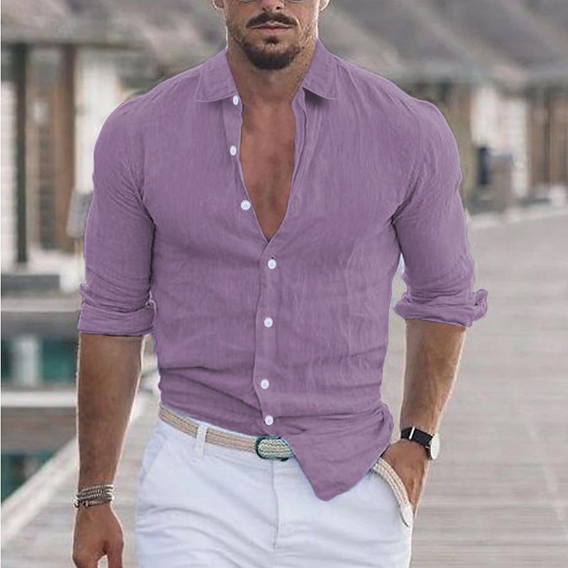 Men'S And Women'S Summer Cotton And Linen Lapel Beach Shirts Long-Sleeved Pure Multi-Color Hawaiian Holiday Clothing - Image 1